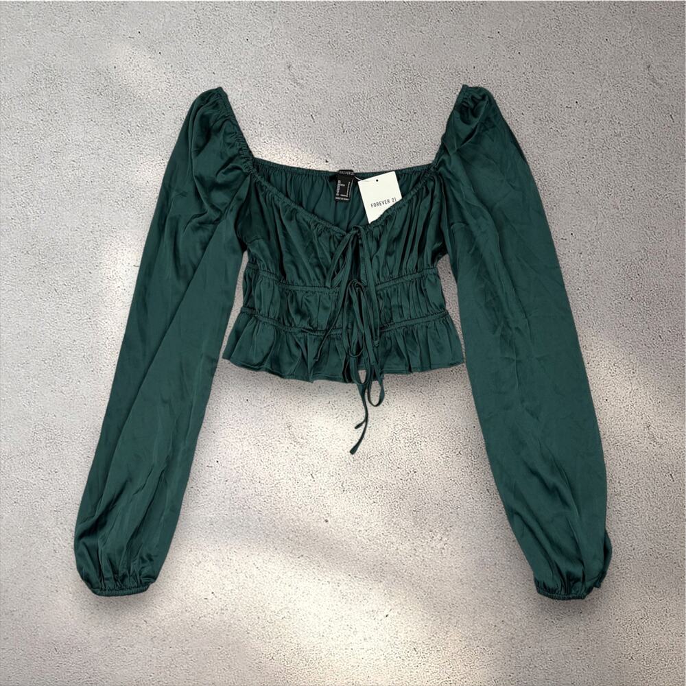NWT Forever 21 Satin Tie Front Blouse Women's S Green Fairy Princess Cottagecore - Picture 2 of 9